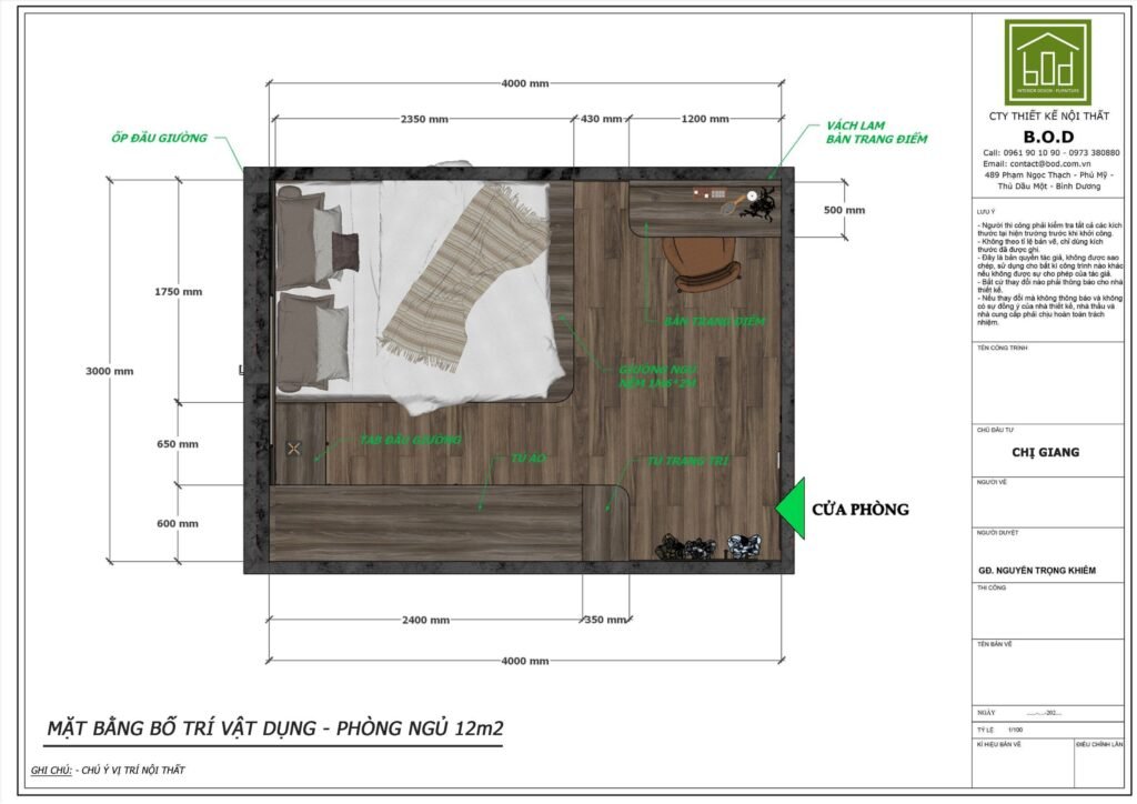 Thiết kế nội thất phòng ngủ 12m2 hiện đại